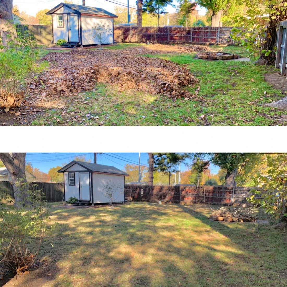 A Tulsa backyard before and after a full cleanup by Jesus Seed Lawn Care